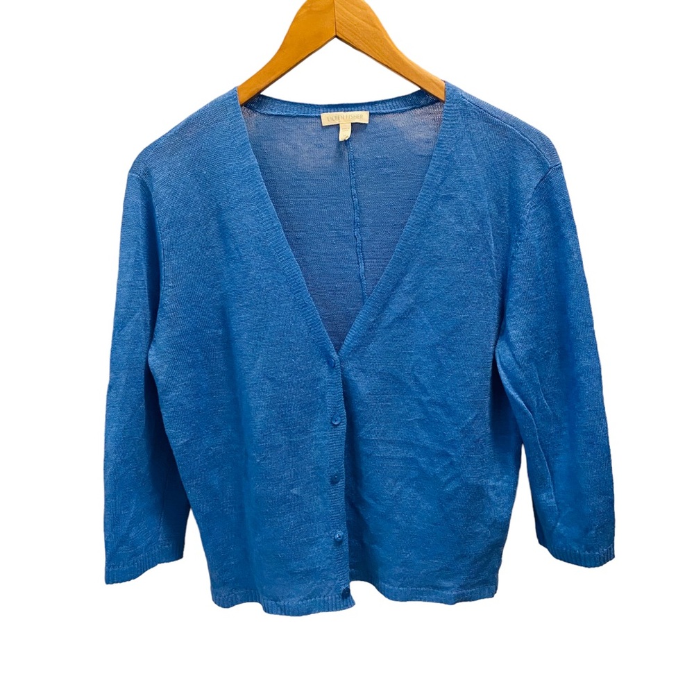 EILEEN FISHER 100% Linen Blue V Neck Boxy Cardigan Sweater